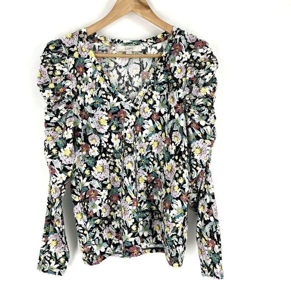 LOFT Top Size Medium Black Floral Shirred Puff Long Sleeve Shirt V Neck Stretch - Picture 1 of 8